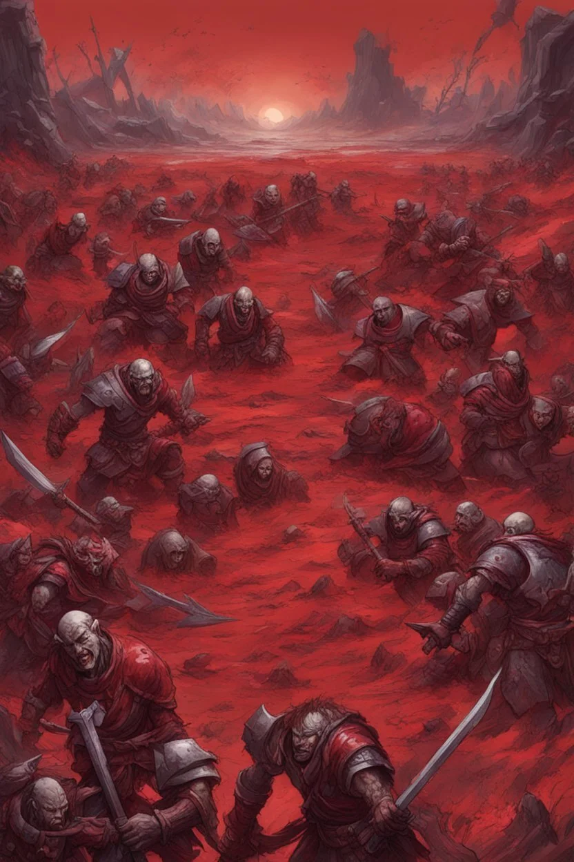 a red battle field with dead orcs