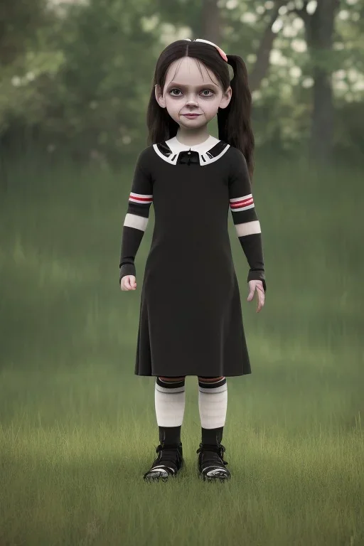 Wednesday Addams toddler, full body, jump, bokeh, hyper realistic