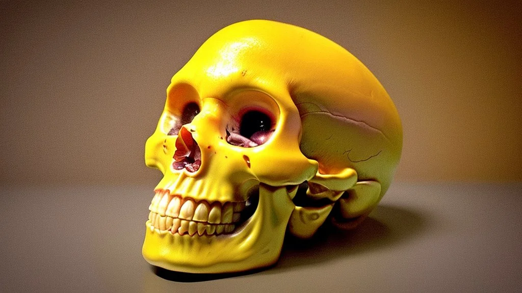 a picture of a dark, comedic, anatomically correct skull of a smiley face, photo realistic, highly detailed, yellow, old, part of a collection of bones on display on a scientists shelving