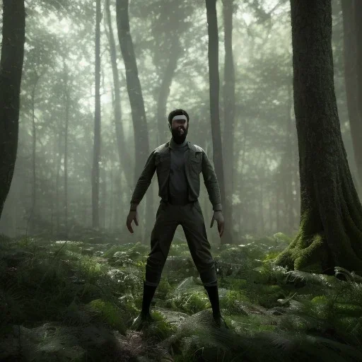 in Forest under outfit blade the movie award winning portrait of a maleunreal 5, octane render,cinema4d, dynamic lighting, dramatic lighting, 4k, redshift render, highly detailed, hyper realistic,anthropomorphic black monstwr long