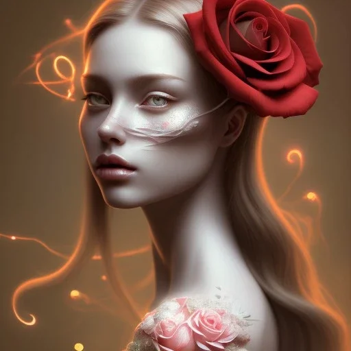 red roses beautiful girl,utra realistic,highly detailed, masterpiece, delicate detailed, sharp focus, insanely detailed, fantasy art, royalistic,elegant, fog, Special Lighting,glowing lights Vibrant, color Scheme, forest, octane render, trending on artstation, ultra photoreal,hypermaximalist