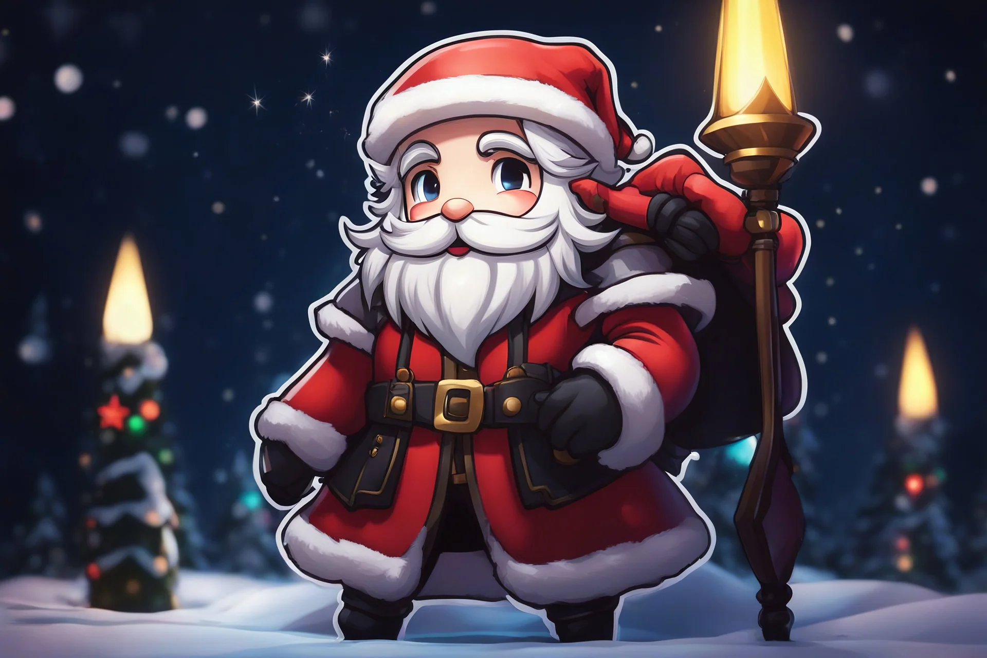 Chibi santa-claus in 8k sticker, style of fairy academia, hollow knight them, close picture, neon lights, intricate details, highly detailed, high details, detailed portrait, masterpiece,ultra detailed, ultra quality