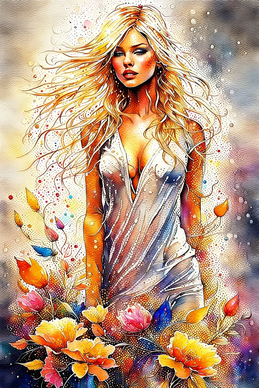 Gorgeous wet look watercolour, a beautiful sensual blond blonde woman, beautiful late summer flowers, colourful, enchanting, wet on wet, silver and gold drops, sparkling lights, winning, intricate, beautiful, gorgeous by Yossi Kotler,