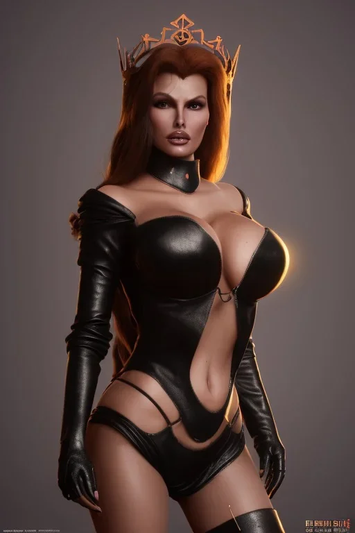 Raquel Welch as evil queen in black leather, leather, busty, cleavage, angry, stern look. character design by cory loftis, fenghua zhong, ryohei hase, ismail inceoglu and ruan jia. unreal engine 5, artistic lighting, highly detailed, photorealistic, fantasy