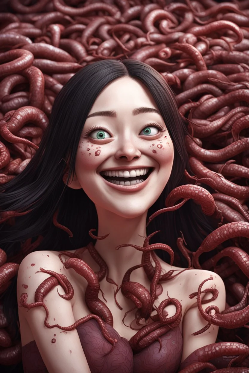 Woman smiling meanwhile many worms streaming from his eyes, siting pose, fullbody, Junji Ito style, darkred tones, high detailed, 4k resolution, digital paiting, 3d pixar disney the cinematic FKAA, TXAA, and RTX graphics technology employed for stunning detail.