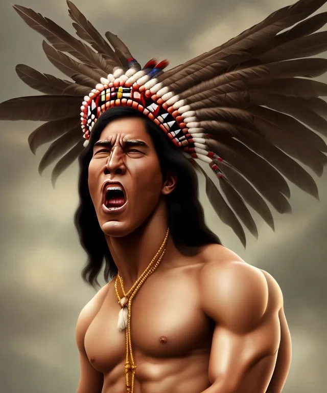 native american warrior, long black hair, big muscles, face up, mouth wide open, scream face, shirtless, looking to the sky