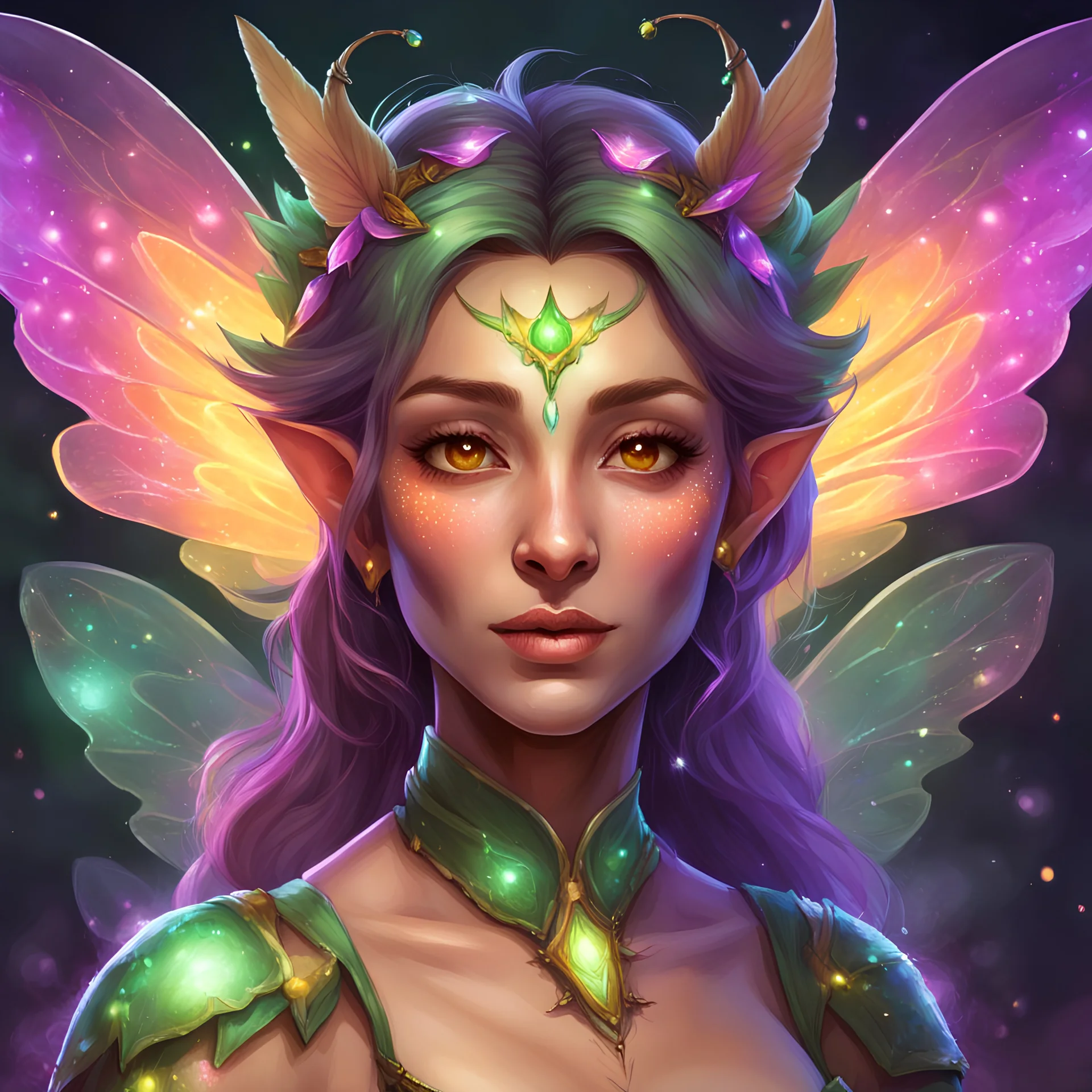 portrait of a daggerheart faerie character. she is female, with a beautiful face and has colorful, firefly wings. she is an elemental sorcerer.