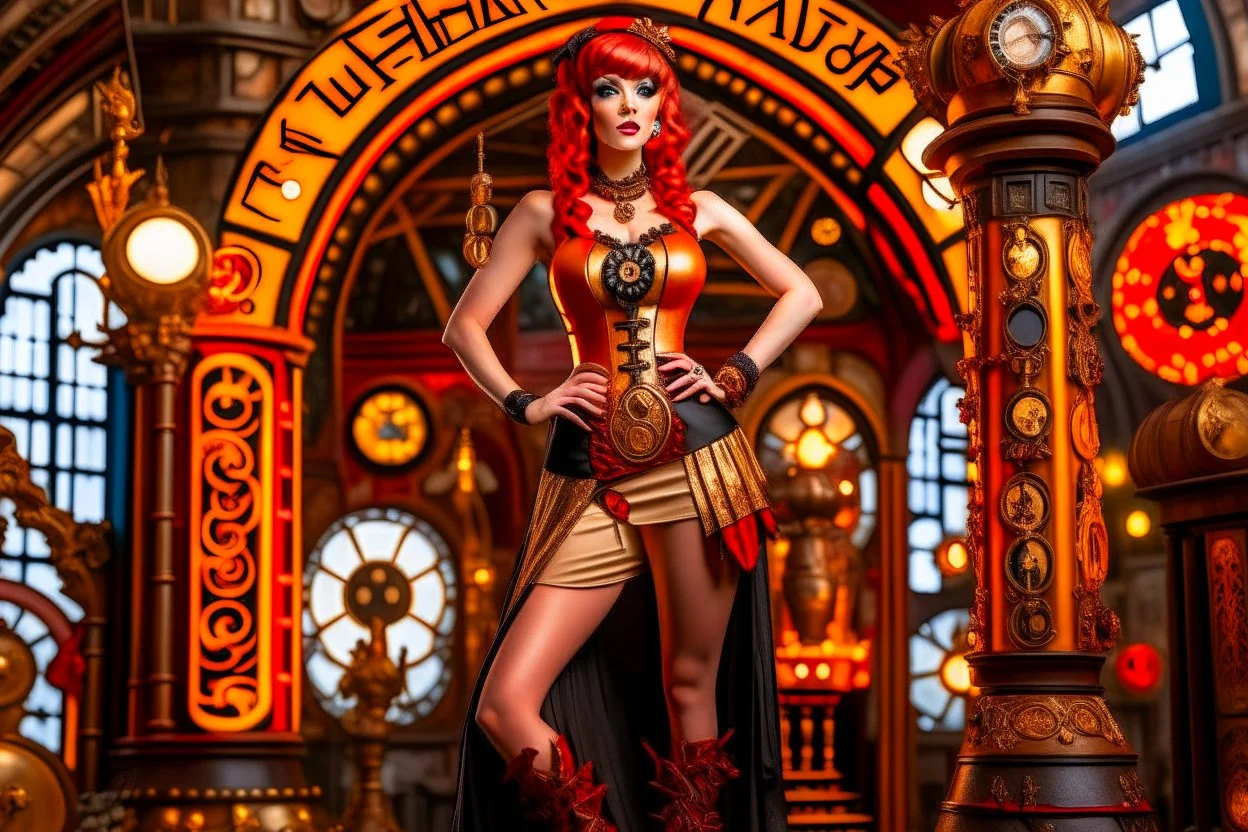 full body shot of a skinny Cleopatra, with a bob red hairstyle, standing in a steampunk setting.