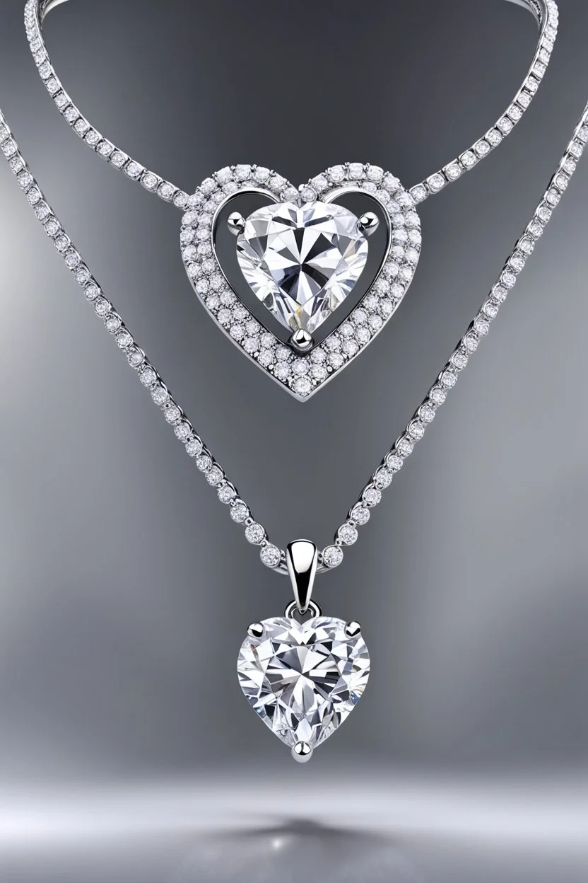 Create a visually stunning and luxurious image of a diamond necklace with a big symetrical heart shape diamond at the center and 3 layers of small round diamonds around it