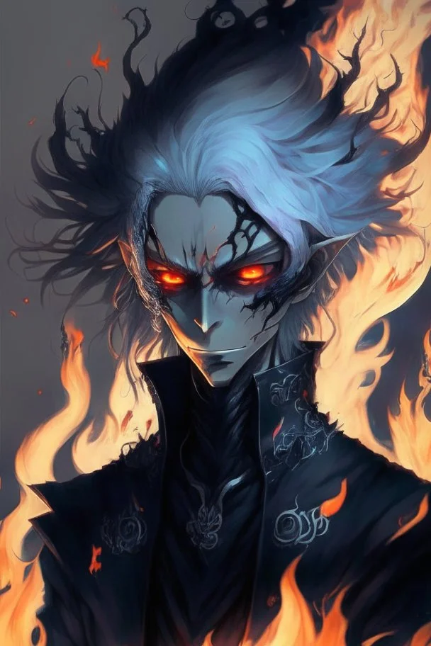 Anime with wight hair and black clothes and power fire and eyes of sharengan