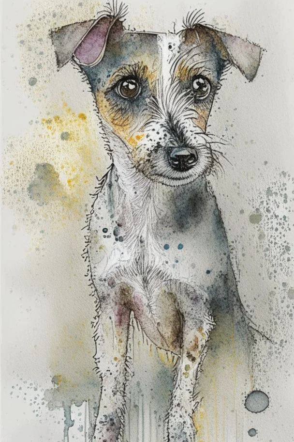 Abstract wet watercolour of a rough coated jack Russell, ink lines, interlinked circles, detailed,focus on eyes, watercolour paper
