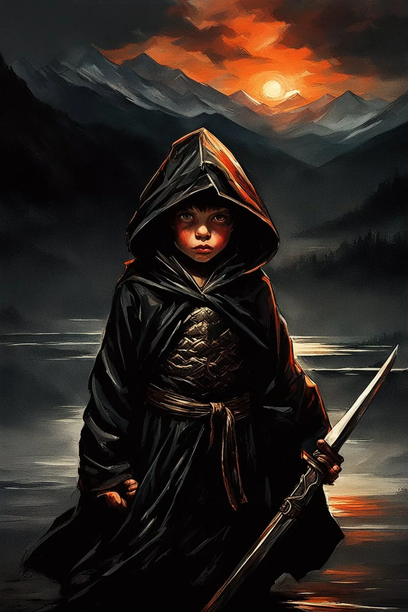 A formidable warrior-a 10-year-old boy in a black robe with a hood, on the background Amazing gloomy landscape, flooded with sunset, mountains, trees, fabulous scary hero, , juicy emotions, painting, dark fantasy, bad weather, gloomy day, dark world, by Raymond Swanland & Alyssa Monks & Anna Razumovskaya & James Paick