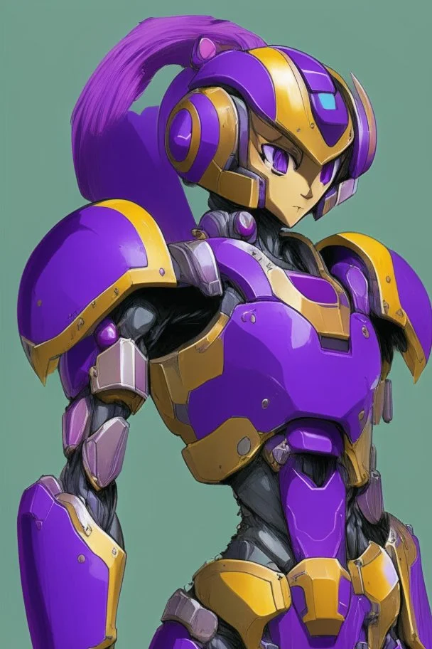 A Genderless Cyborg made of metal, has a human like face with a long violet ponytail, the cybord is wearing armor similar to Megaman Omega. The color palatte of the armour is deep purple and yellow.