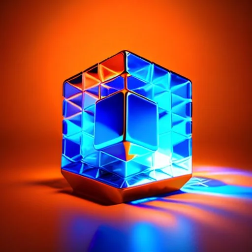 a blue metallic 4d cube inside a 4d orange rotating cube in a 4 dimension environment