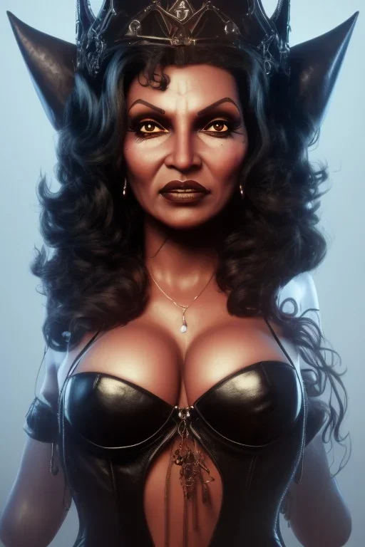 Pam Grier as evil queen in black leather, leather, busty, cleavage, angry, stern look. character design by cory loftis, fenghua zhong, ryohei hase, ismail inceoglu and ruan jia. unreal engine 5, artistic lighting, highly detailed, photorealistic, fantasy