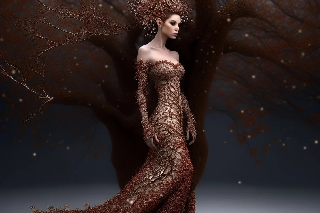 full body shot of a young woman covered in tiny copper filigree branches, emerging from a winter tree, detailed matte painting, deep colour, fantastical, intricate detail