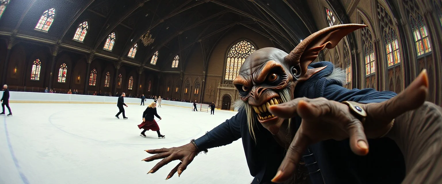 pin hole cam, master oil painting by Rembrandt, d&d monster gremlin illithid and lich in ice skating hall or church