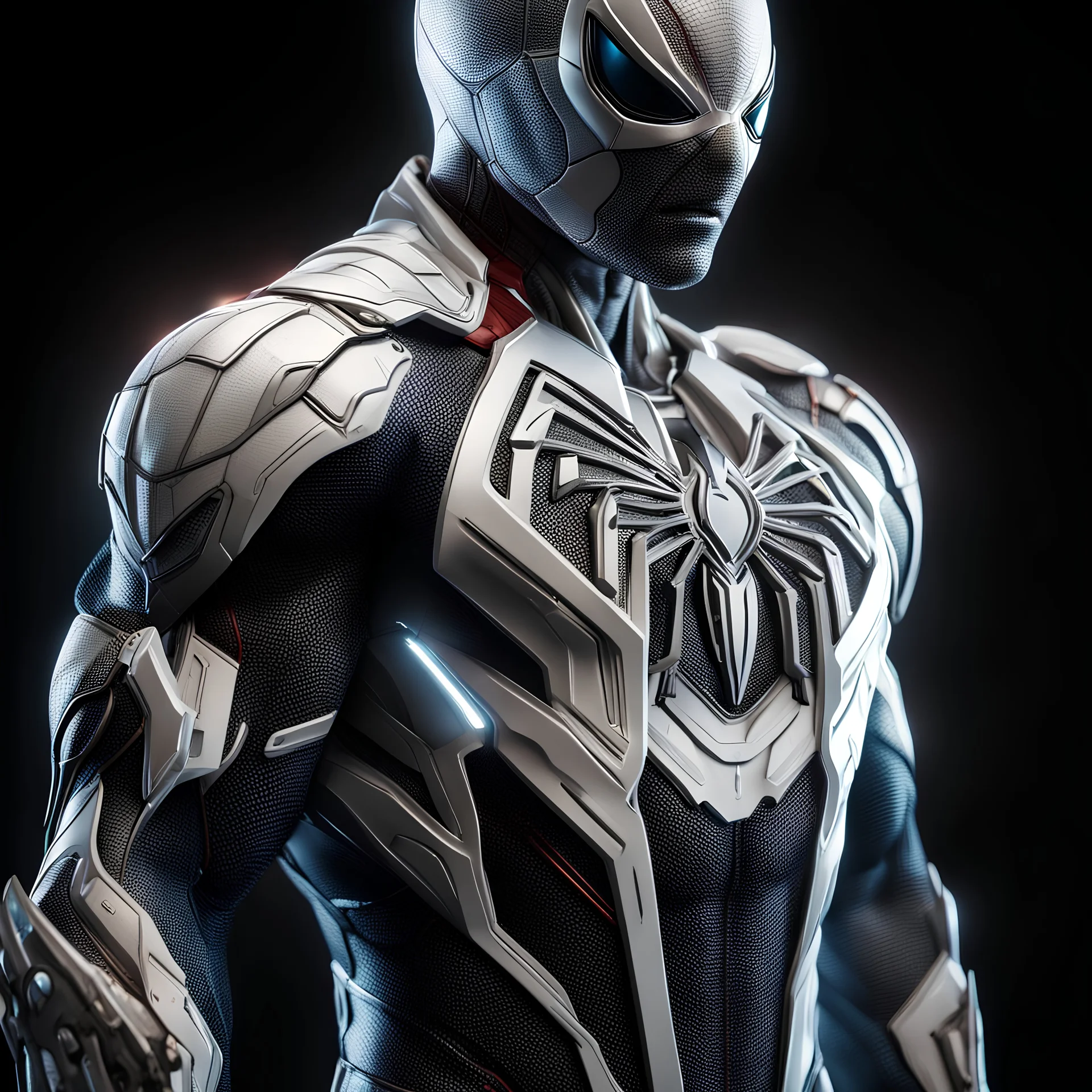 Spider man manin a mega cool white iron super suit with on his arms and shoulders, hdr, (intricate details, hyperdetailed:1.16), piercing look, cinematic, intense, cinematic composition, cinematic lighting, color grading, focused, (dark background:1.1)