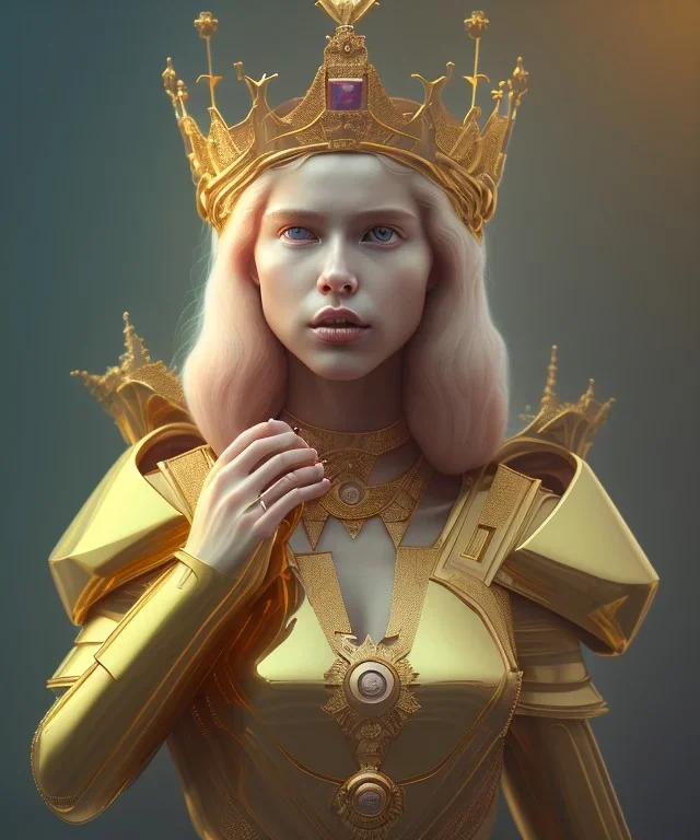 Statue of Queen of photography holding camera in hands. Cute blonde woman. Photographer in golden crown. Standing on the street. Big camera in her hand. hyperdetailed, photorealistic, trending on artstation, greg rutkowski, beksinski, kodachrome, volumetric lighting, gold and cyan