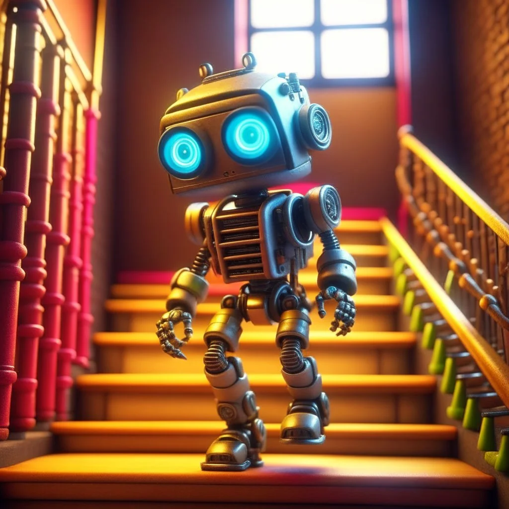 joyfull awesome cute guerilla punk hipster robot on a mission through the seasons, stairs and ladders, motion blur, 8k, downlight, soft light, depth of field, photorealism, trending on art station, lotsa detail