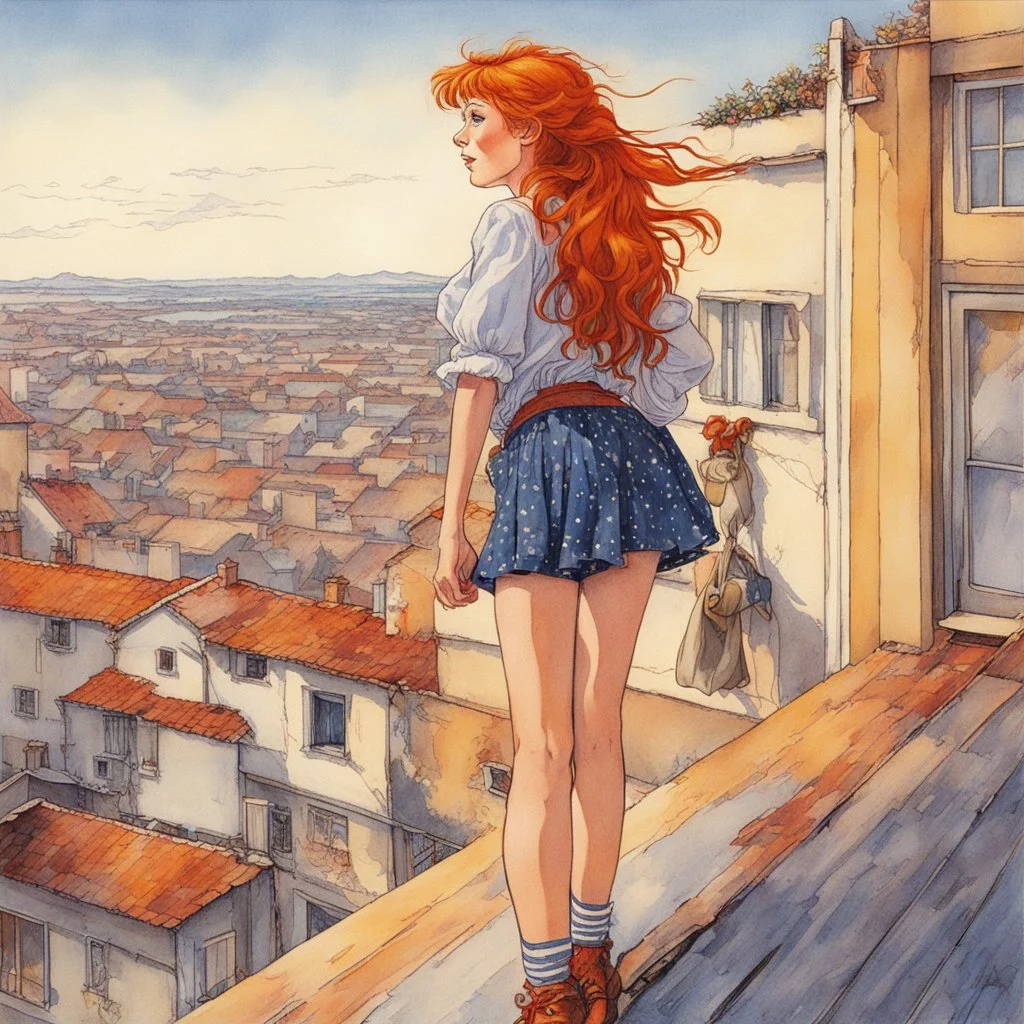 [art by Milo Manara] we find Pippi Longstocking in her late twenties, standing tall and confident on the rooftop of her eccentric, yet charming, apartment building. The wind sweeps through Pippi Longstocking's long, fiery hair, blowing it behind her like a vibrant flame. She has the same mischievous sparkle in her eyes, but there's a depth and wisdom that only age can bring. Dressed in a unique ensemble that combines playful quirkiness with a touch of sophistication, Pippi Longstocking exudes a