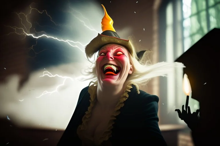 evil laughing witch shooting lightnings from hands cartoon style