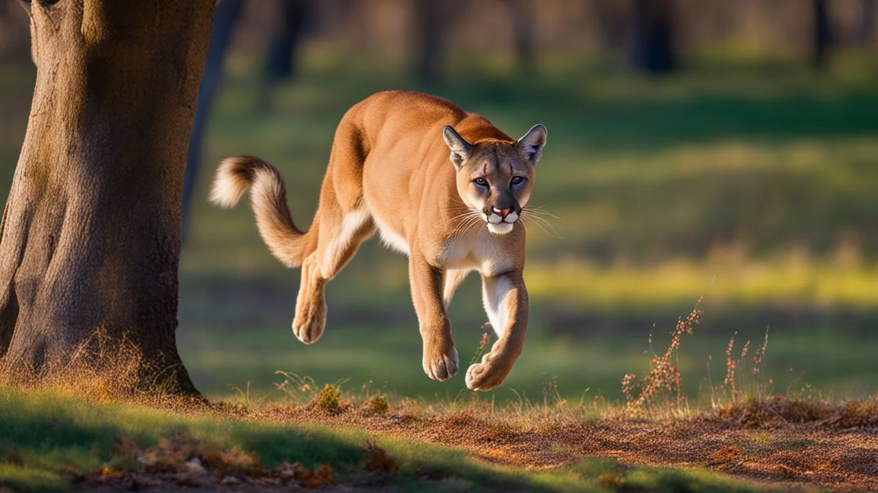 A mountain lion chasing a white tail deer, dynamic action, jumping, splashes of leaves, nature photography, raking light, blue lights in the background --ar 16:9 --style raw --v 6.0