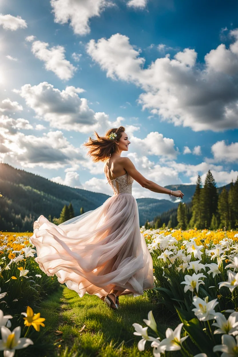 The camera zooms in, focusing sharply on very beautiful German girl with make up Lily wearing pretty dress as she dances gracefully in the same romantic environment with flowers and sky with nice clouds. Her joy and youth are presented against the backdrop of the surreal surroundings.