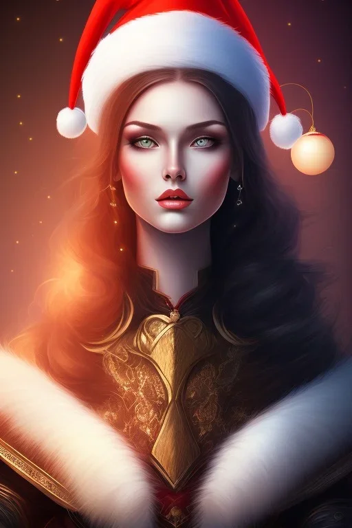 portrait lady warrior with very big bobs long black hairs and Christmas hat