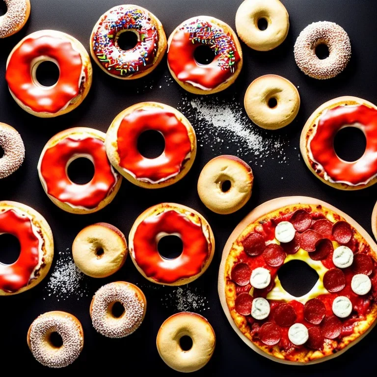 Pizza, hamburger, coca-cola, donut, coffee, black background