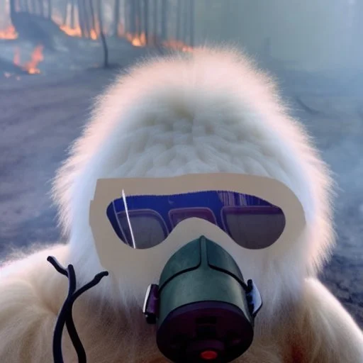 subject = (Yeti in a mask) background = (wildfires, mountains, fires, smoke, disaster)