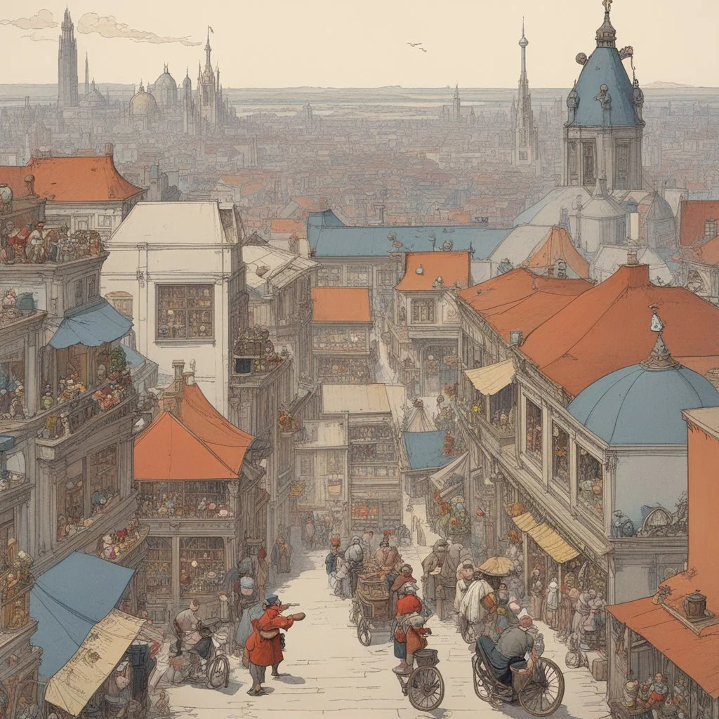 [poster by W. Heath Robinson] the vibrant streets of a city with a long history seen from above: old shops and buildings to skyscrapers