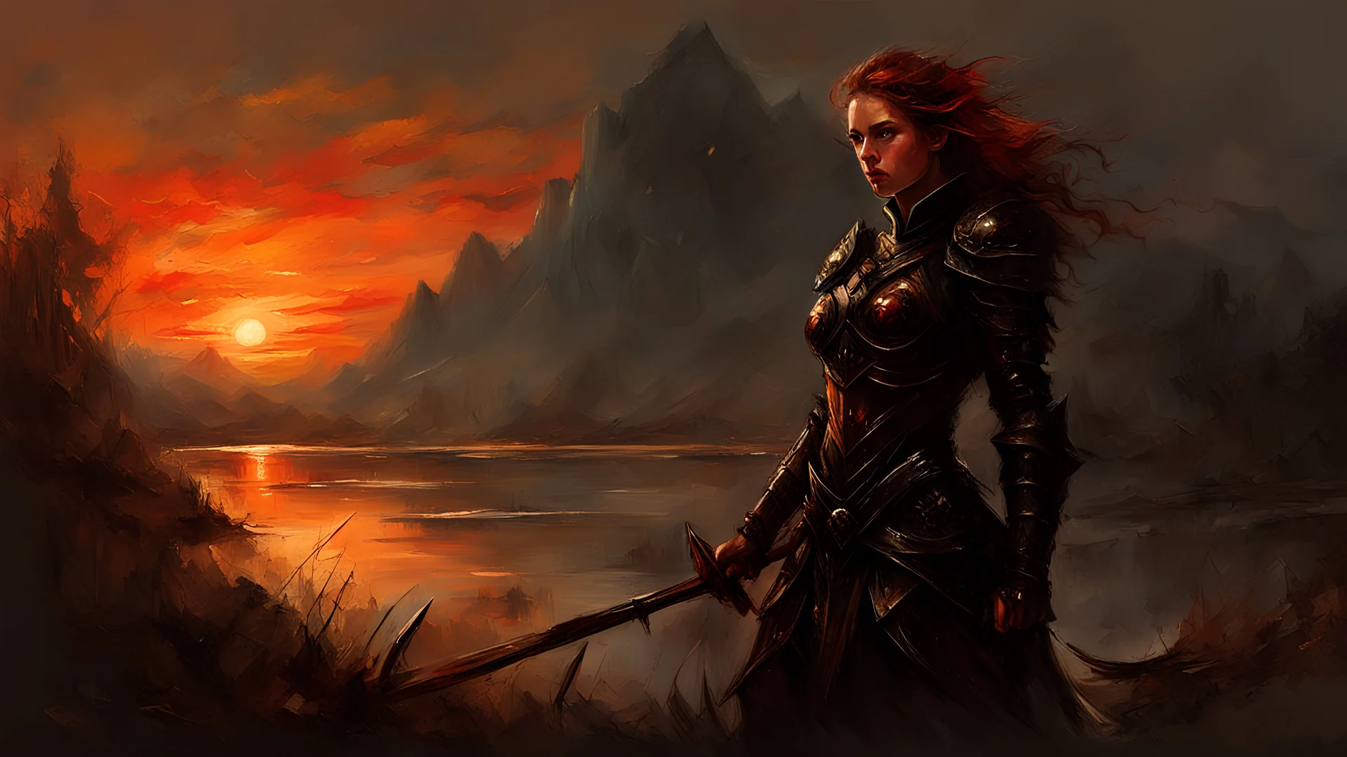 A formidable warrior girl in black armor, on the background Amazing gloomy landscape, flooded with sunset, mountains, trees, fabulous scary hero, , juicy emotions, painting, dark fantasy, gloomy day, dark world, portrait, by Alyssa Monks & Raymond Swanland & Anna Razumovskaya & Dmitry Kustanovich