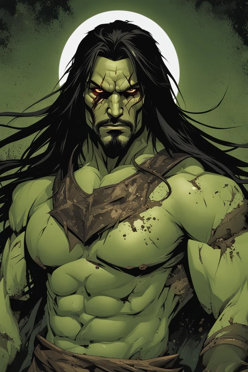 Portrait of an Olive skinned muscular evil male with long dark hair, scarred face and a goatee beard, scowling