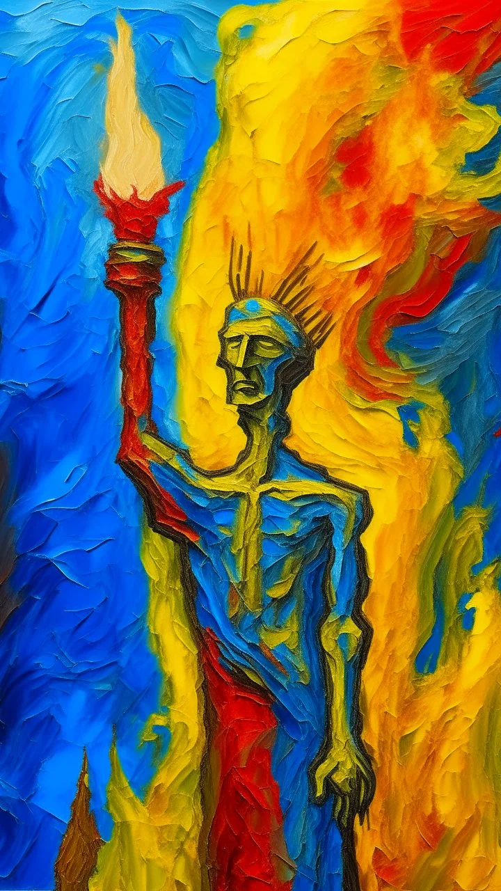 a tough oil brush blue and yellow abstract on rough canvas make a surreal figure of a tall and thin sculpture holding the torch of Liberty with red flame
