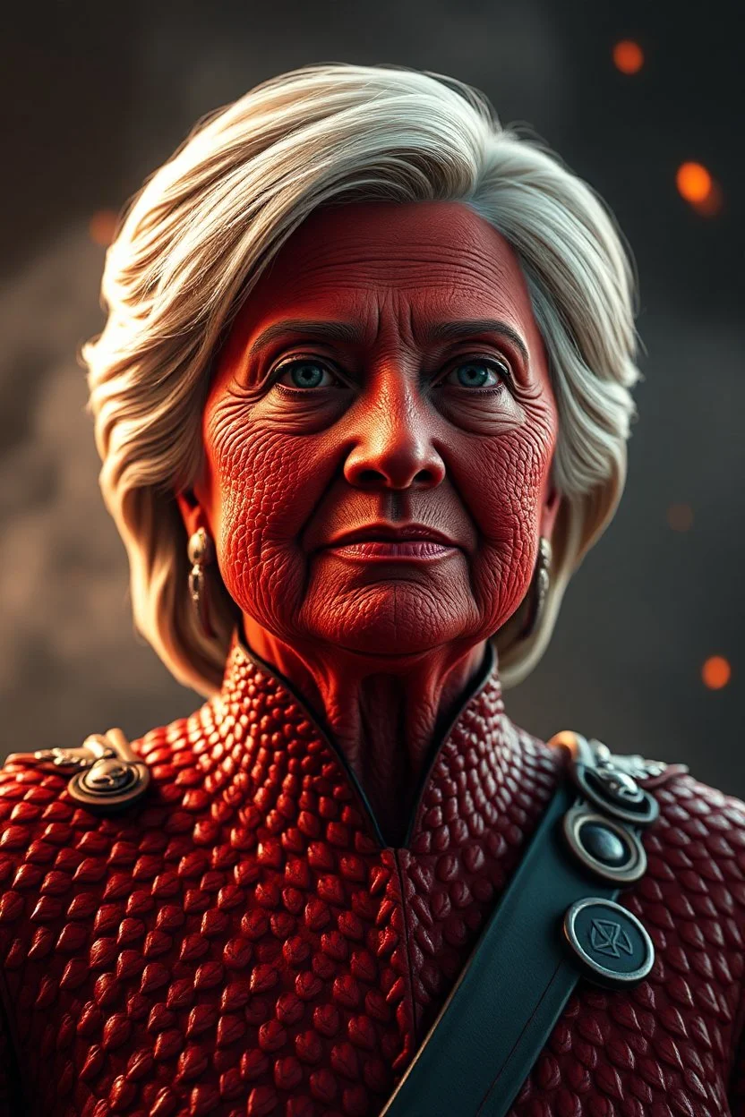 Hillary Clinton, red skin, scales, unreal engine 6, high detail, intricate, cinematic. photoshoot style, intricate, studio lighting, masterpiece , highly detailed, 8k, best quality, fire, smoke, dramatic,d,<lora:mshn:0.7>,<lyco:Warrior_Couture:0.5>,