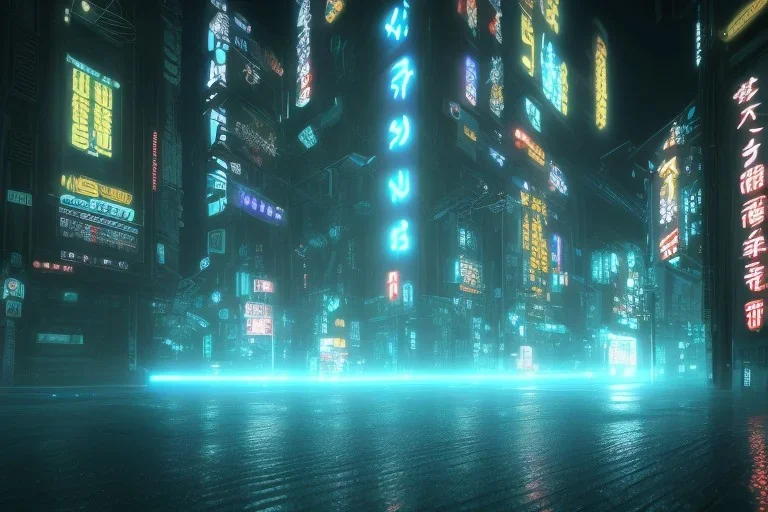 cinematic, night, Tokyo, dark, fog, high definition, blue neon lights, blender 3d