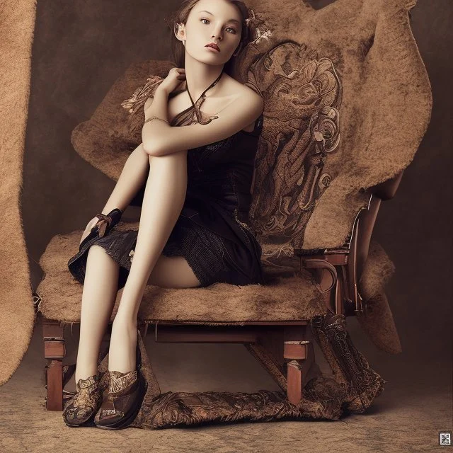 photography national geographic style girl sits on leather armchair.
