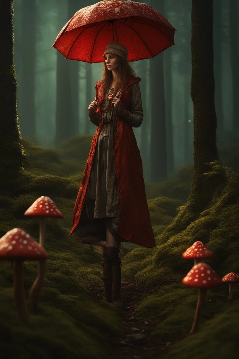 tall slim woman in a ragged clothing, in a forest, holding an umbrella made from a fly agaric mushroom, raining, detailed matte painting, deep colour, fantastical, intricate detail, complementary colours, fantasy concept art, 8k resolution, Unreal Engine 5