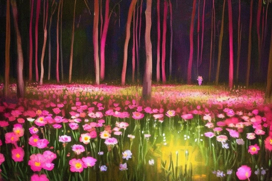 night, forest, flowers