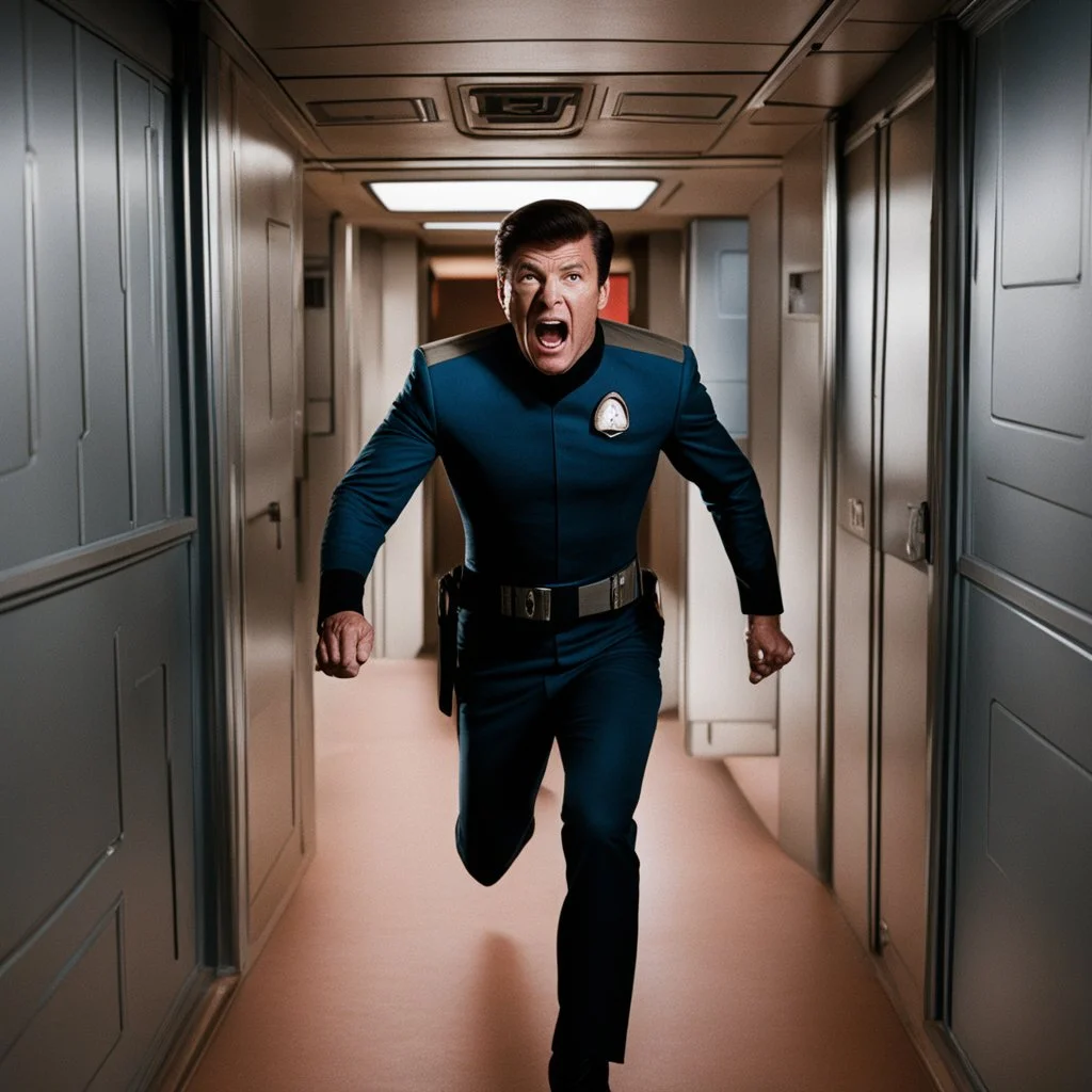 Star Trek, passageway, Trek Officer screaming as he staggers out a doorway