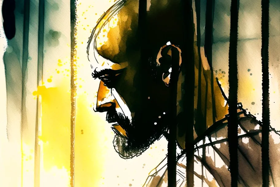 sad, bowed-headed incarcerated man behind bars with his back to us, melting watercolor and black ink outlines on wet paper, soft, shading strokes, in sunshine, ethereal, otherwordly, cinematic postprocessing, bokeh, dof