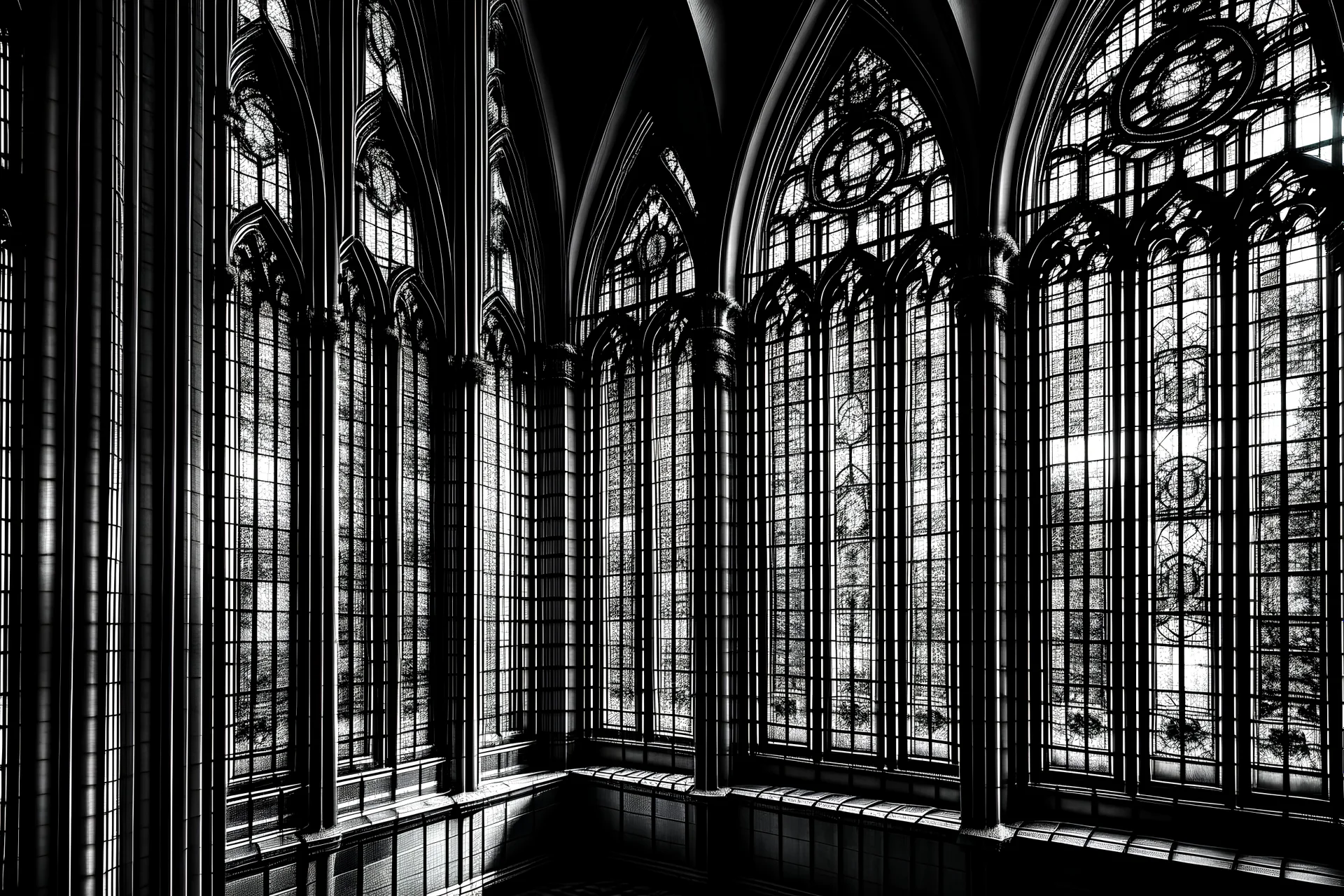 Visualize the black and white as you encounter stunning stained-glass windows of a church