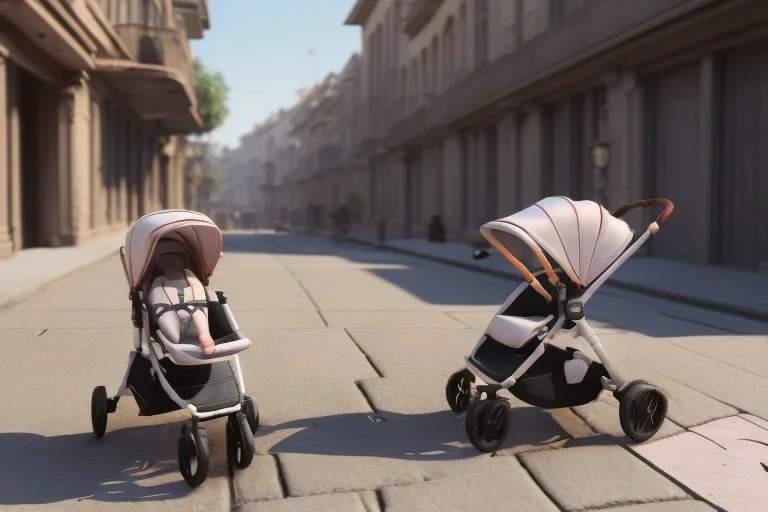 Looking downward into a pram on a sidewalk. There is a baby that looks like a young Donald Trump