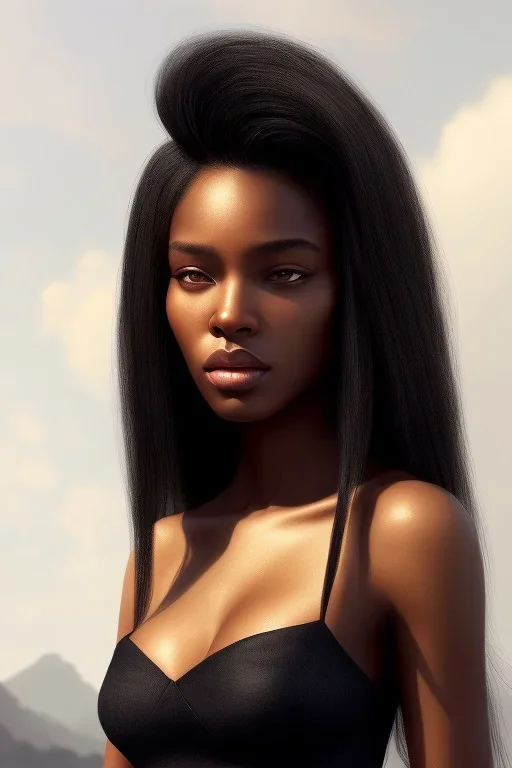 8k 4d photo realistic Highly detailed portrait of stunningly beautiful black woman with long silky hair, by Bryan Lee O'Malley, by Cliff Chiang, by Greg Rutkowski, portrait illustration, cute fine face, pretty face, realistic shaded perfect face, symmetrical eyes, perfect eyes, redshift style