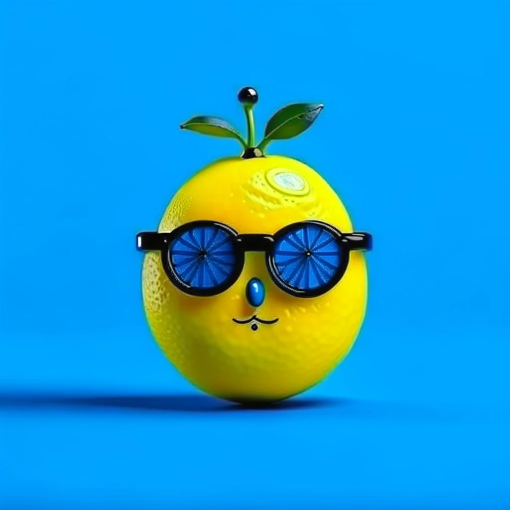 Lemon has eyes, legs, mouth and nose and wears black glasses. Simple blue background