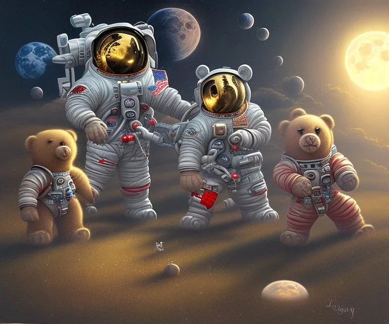 little boy and big teddy bears on moon. oil on canvas