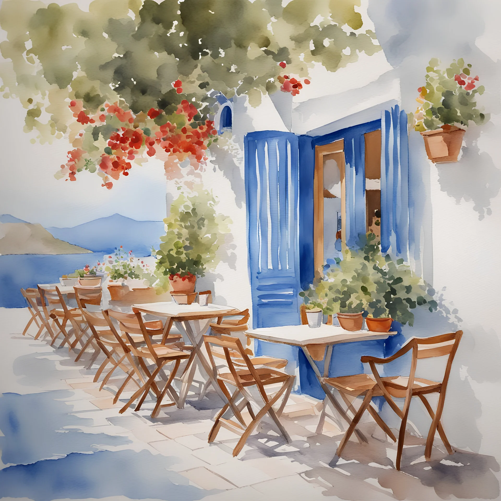 greek cafe, watercolor, Greek islands,