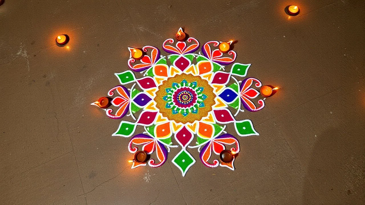 center view of a colorful Rangoli on a earthy rustic floor-surface with lots of diya surrounding the rangoli.