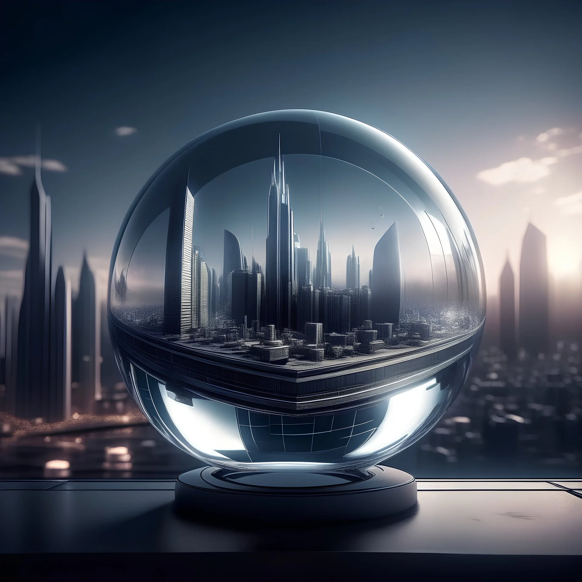 una esfeera de cristal flotando sobre ciudad futurista